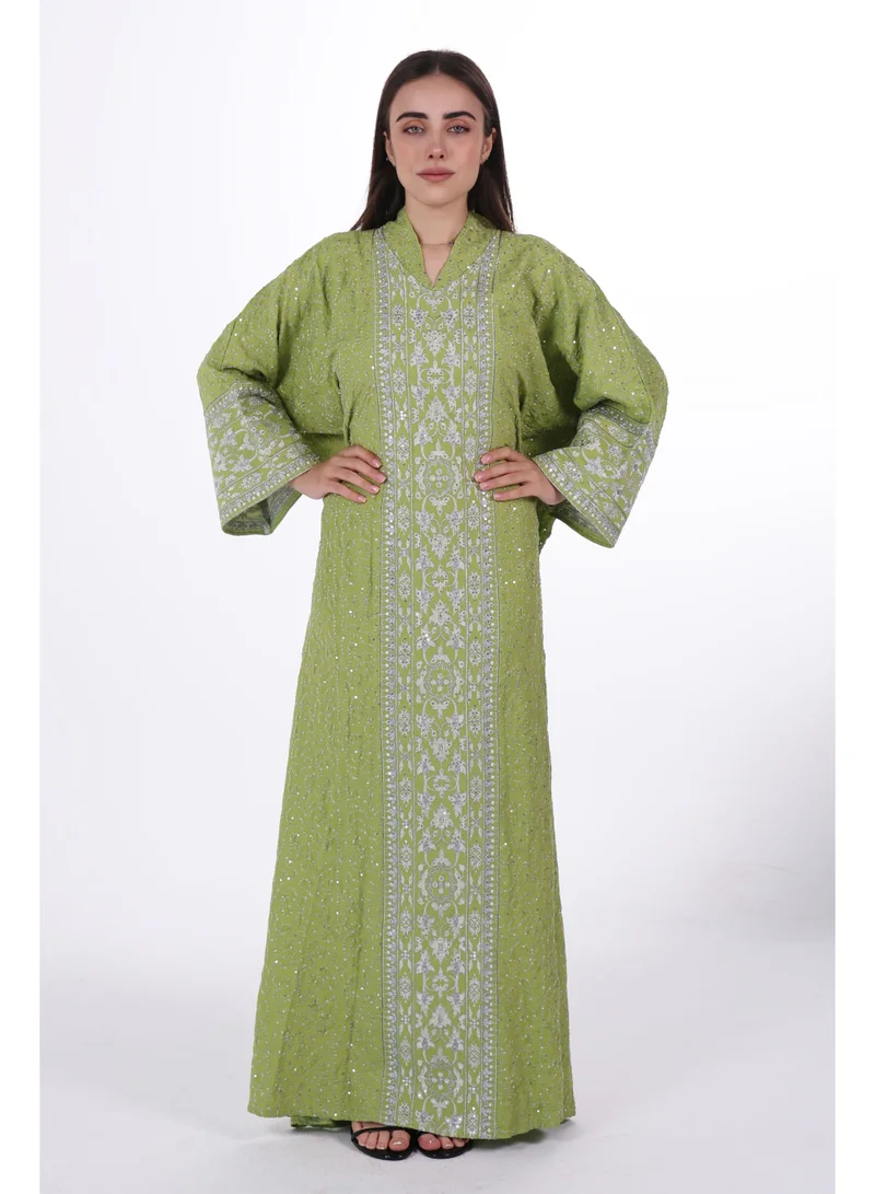 AL BENT AL SHARQIEH kiwi Embroidered Linen Jalabiya dress with unvisible belt for Women | Best Price UAE